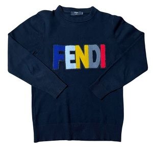 Fendi Black Crewneck Sweater with Multicolor Logo